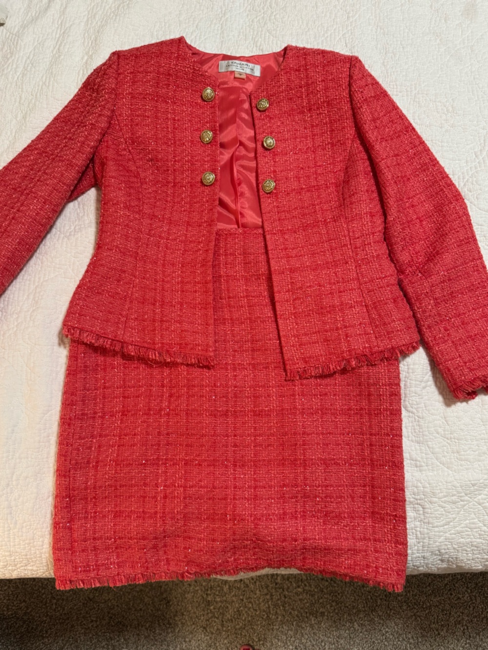 Classic Red Tweed Women's Blazer & Skirt Set